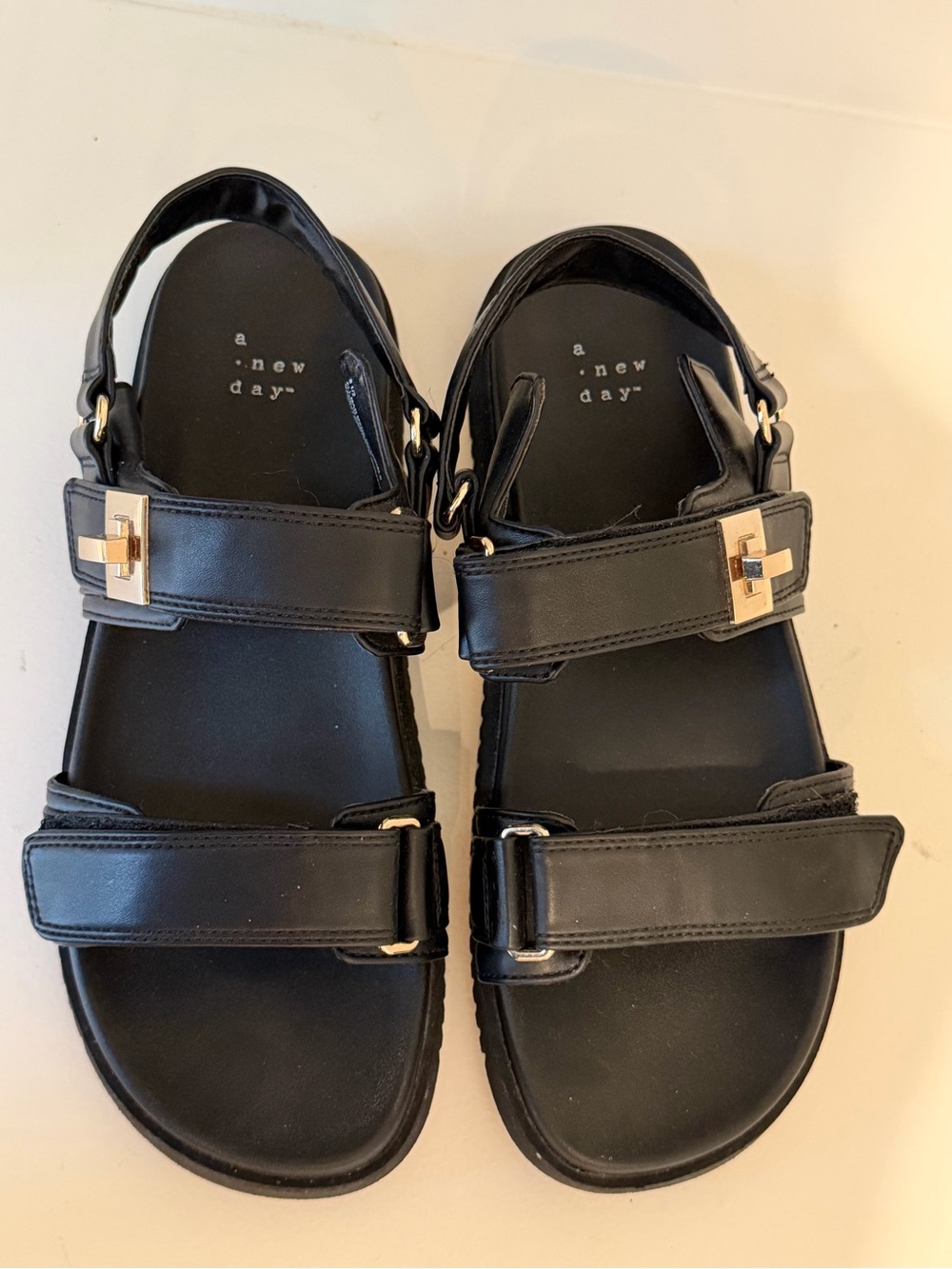 a new day Black Double-Strap Sandals with Gold Accents